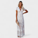 Marinka - Dolga Boho Čipkasta Obleka" can be rephrased as "Marinka - Elegantna Dolga Boho Obleka z Čipko.