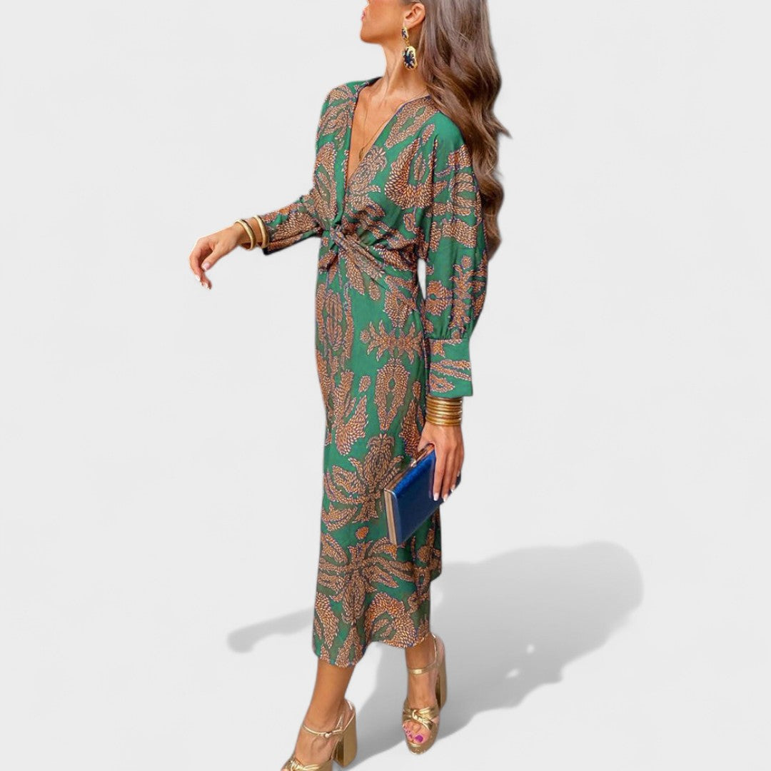 Vesna - Midi obleka z V-izrezom" can be rewritten as "Vesna - Midi Dress with V-Neck