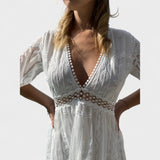 Marinka - Dolga Boho Čipkasta Obleka" can be rephrased as "Marinka - Elegantna Dolga Boho Obleka z Čipko.
